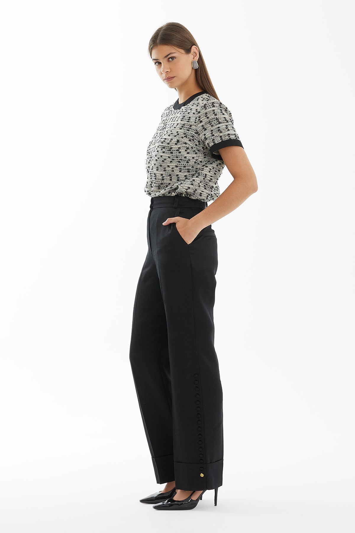 Black Tie-Waist Embroidered Patterned Trousers