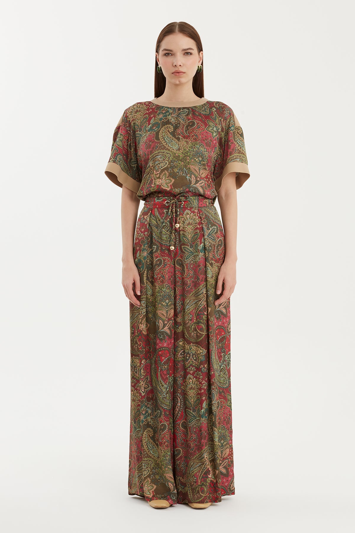 Ruched Eyelet Wide-Leg Trousers