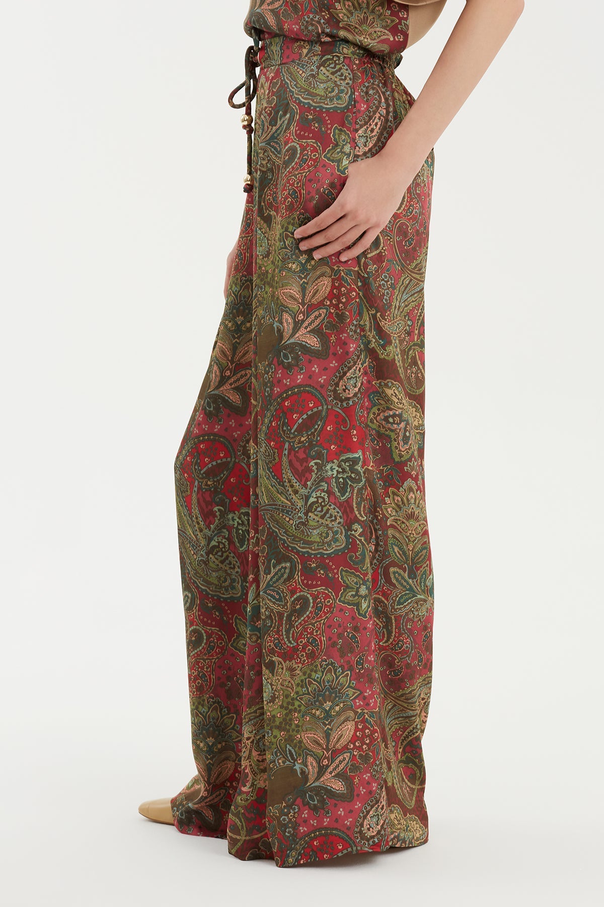Ruched Eyelet Wide-Leg Trousers