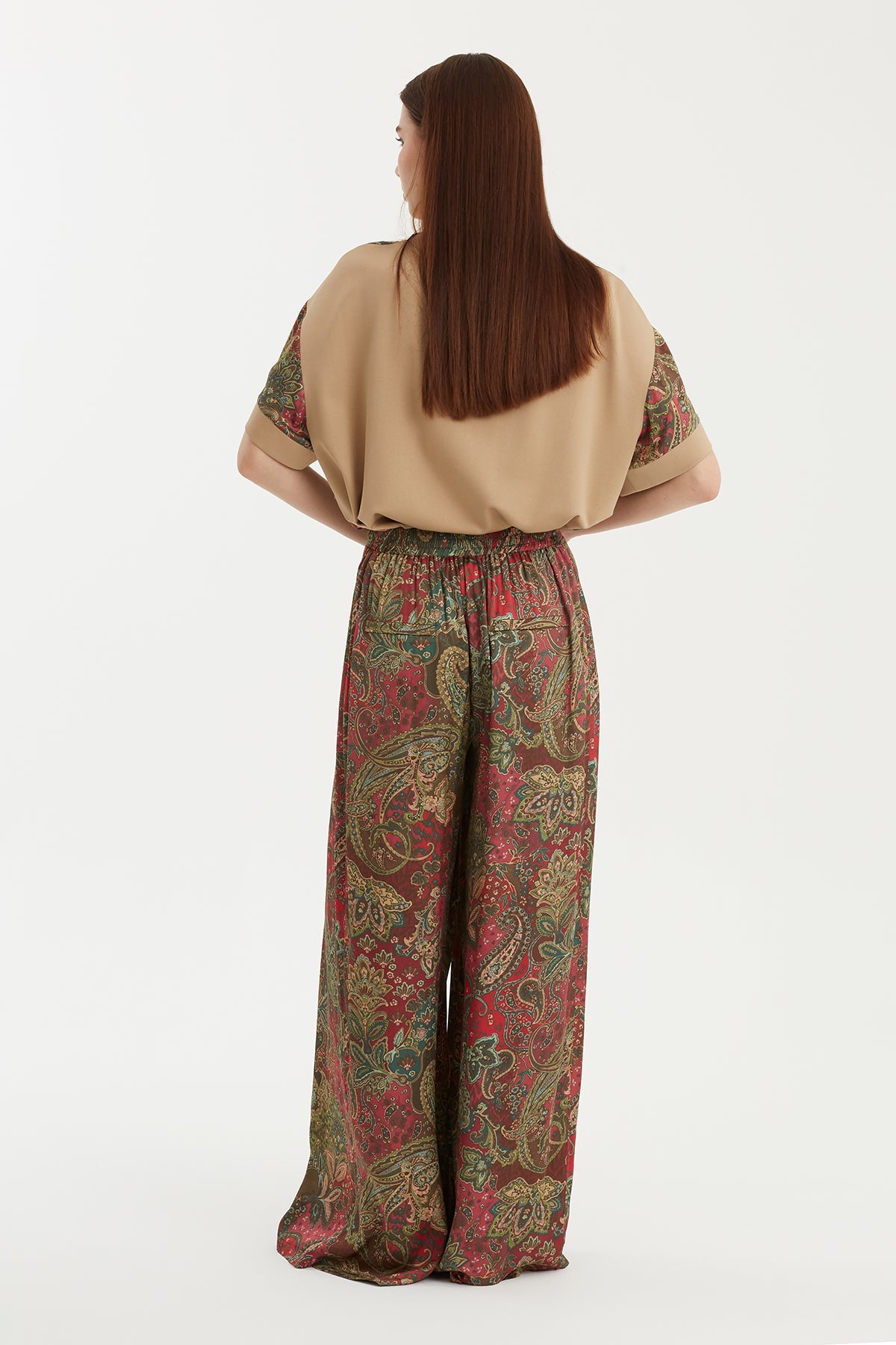 Ruched Eyelet Wide-Leg Trousers