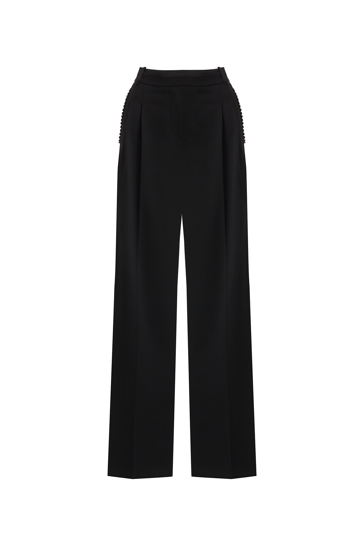 Black Embroidered Pleated Wide-Leg Trousers