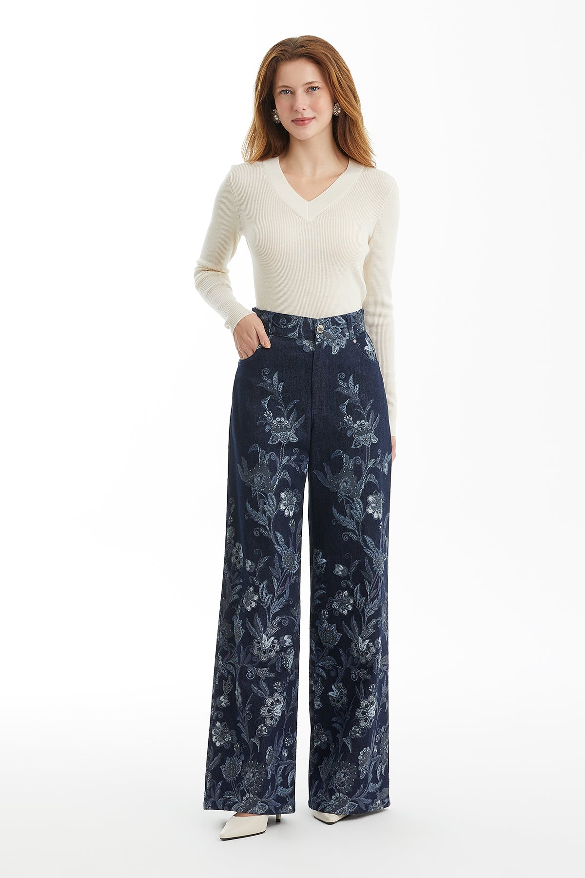 Patterned Pocketed Denim Trousers