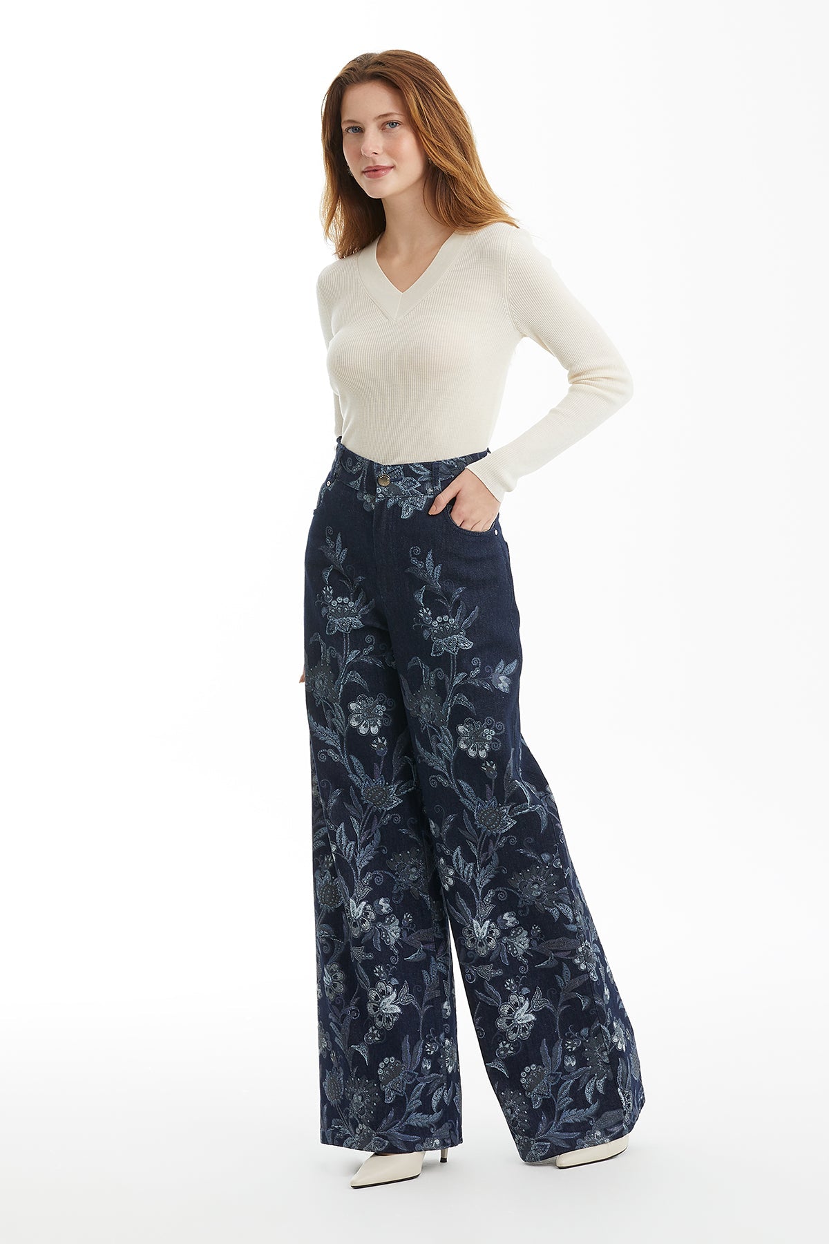Patterned Pocketed Denim Trousers