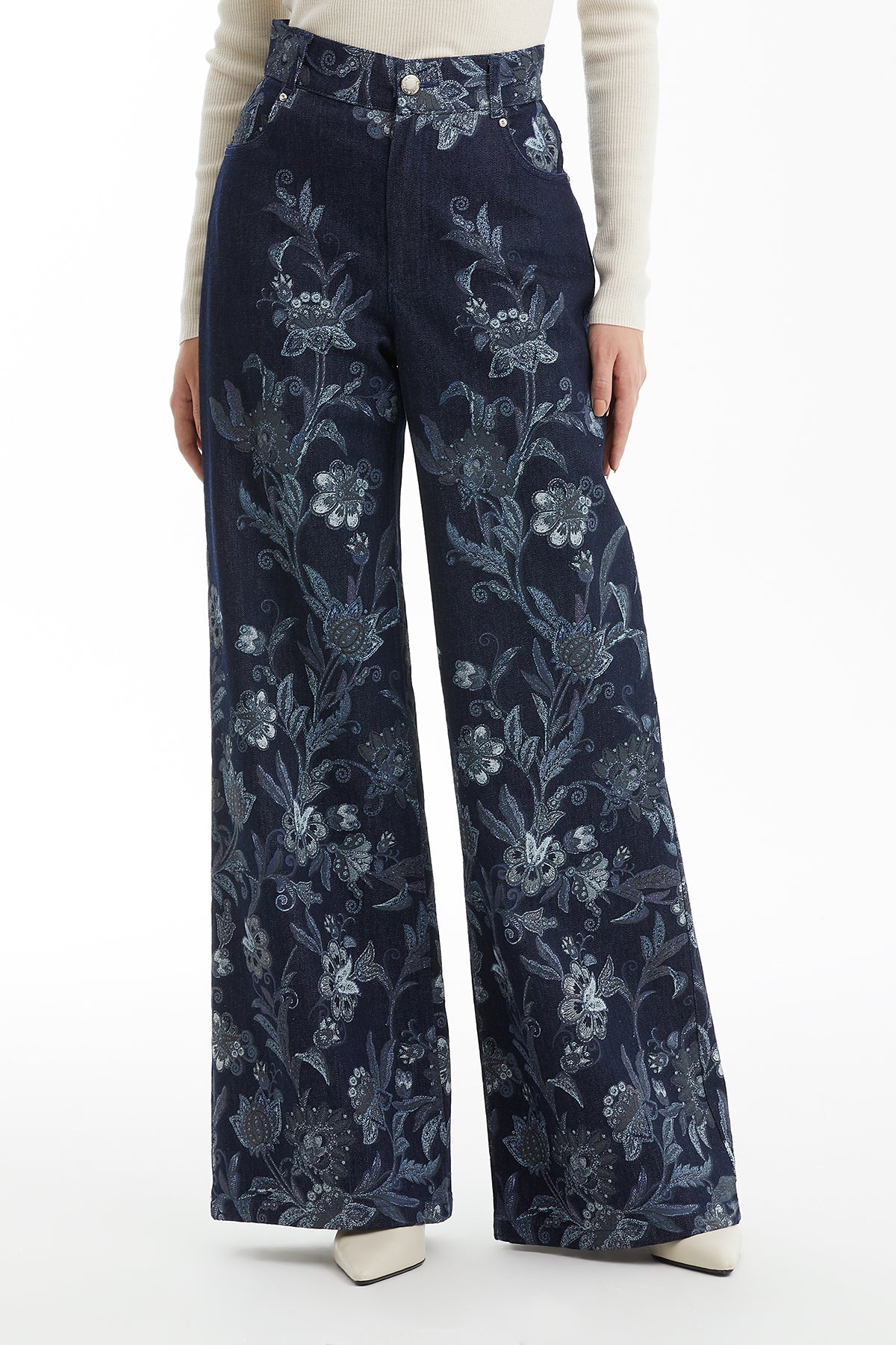 Patterned Pocketed Denim Trousers