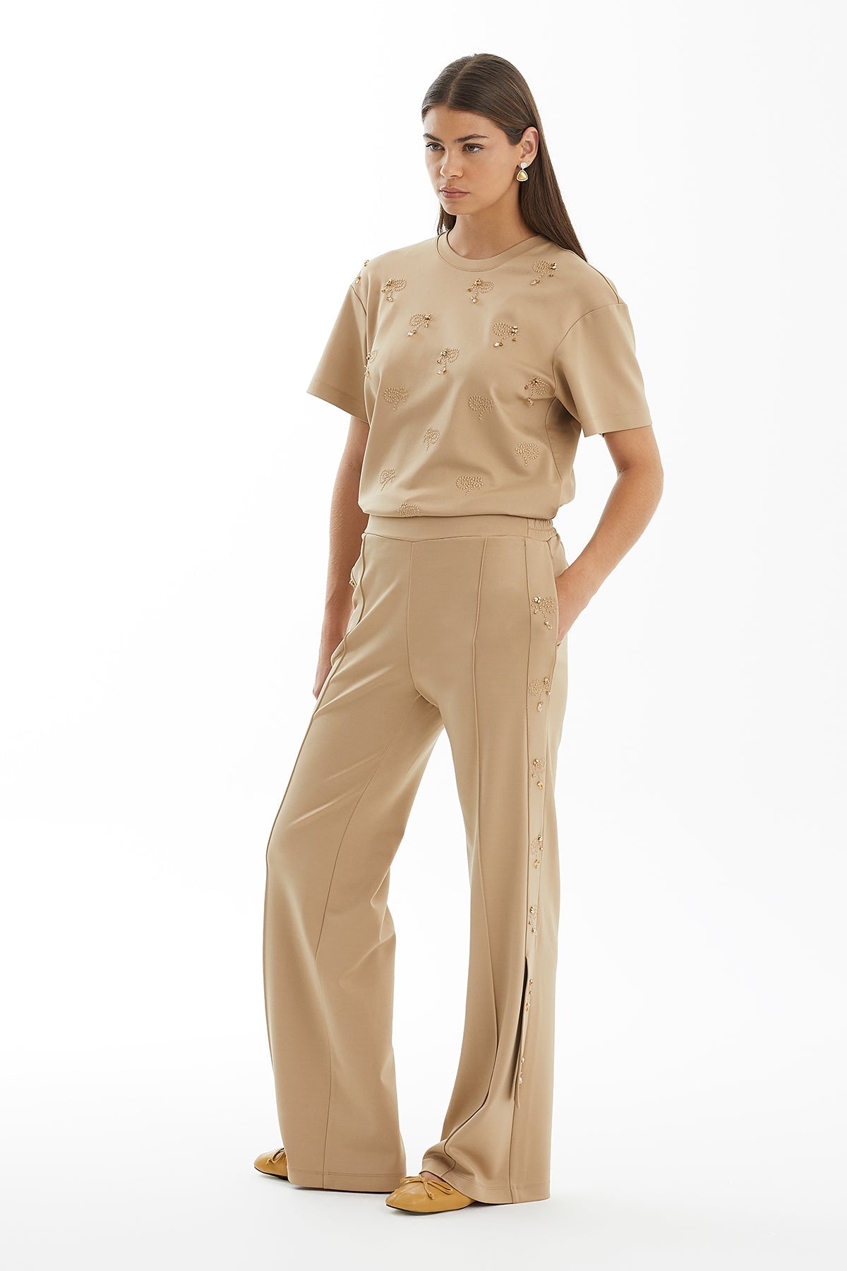 Beige Textured Embroidered Trousers