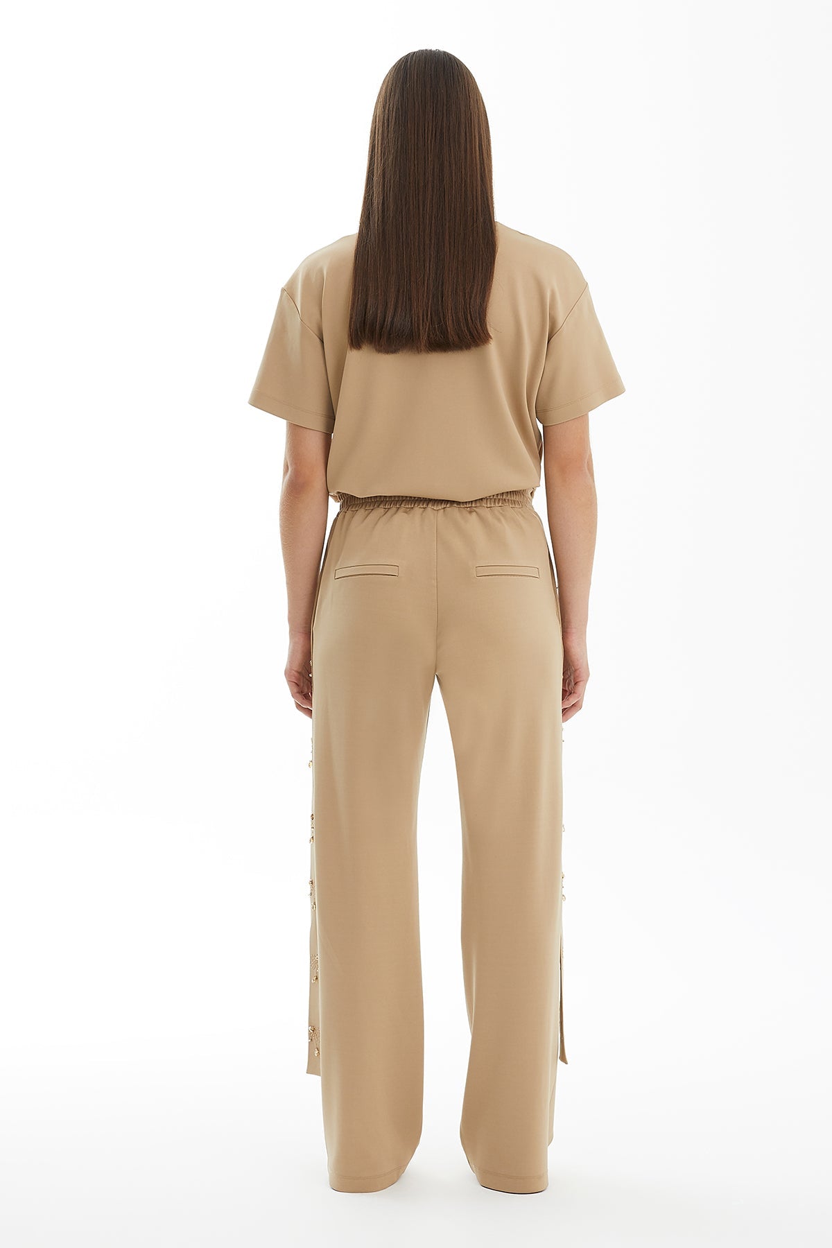 Beige Textured Embroidered Trousers