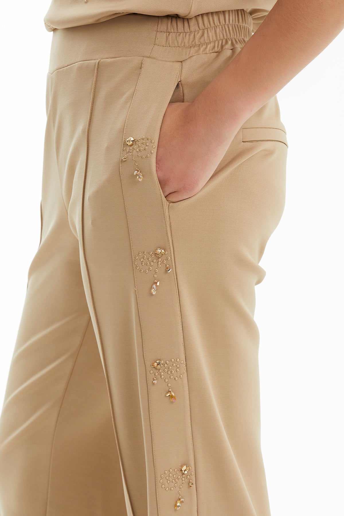 Beige Textured Embroidered Trousers