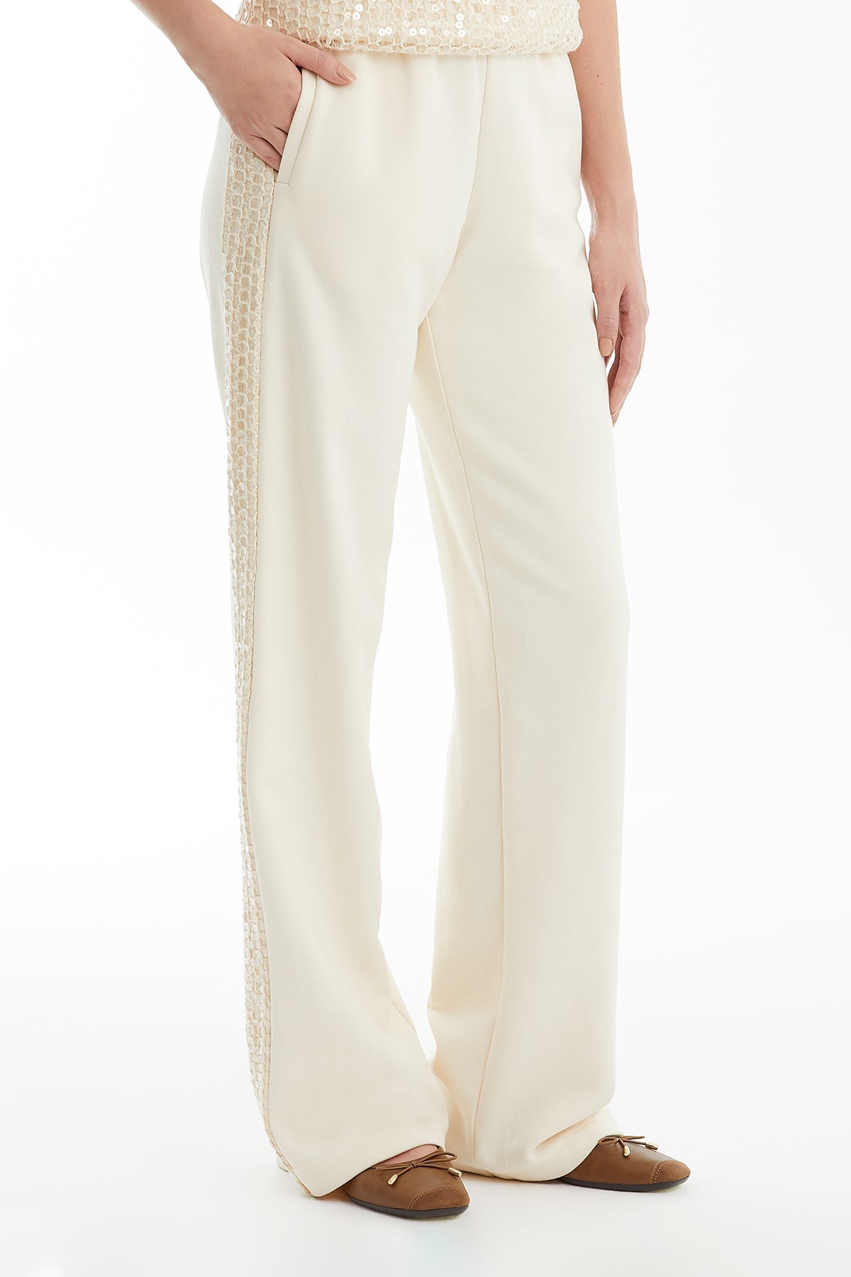 Ecru Sequin-Detail Track Pants