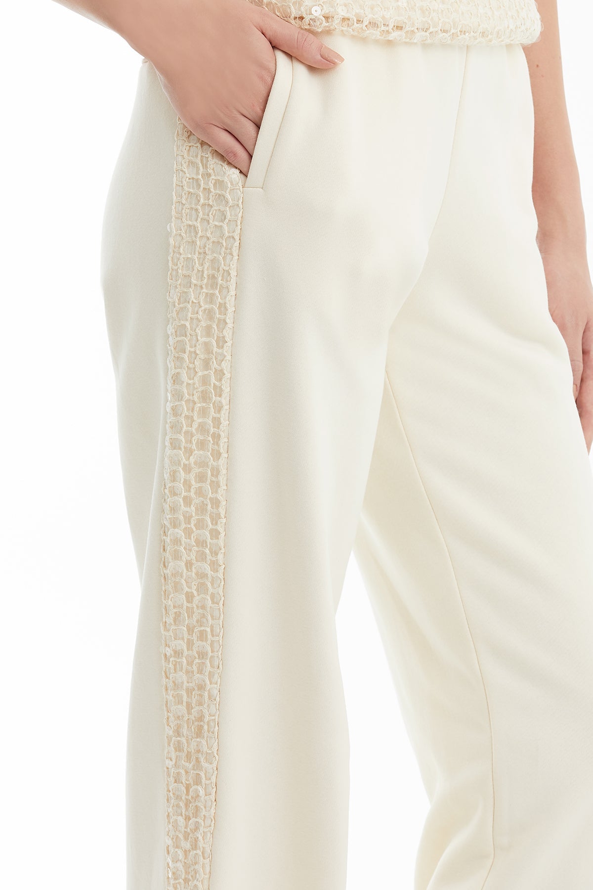 Ecru Sequin-Detail Track Pants