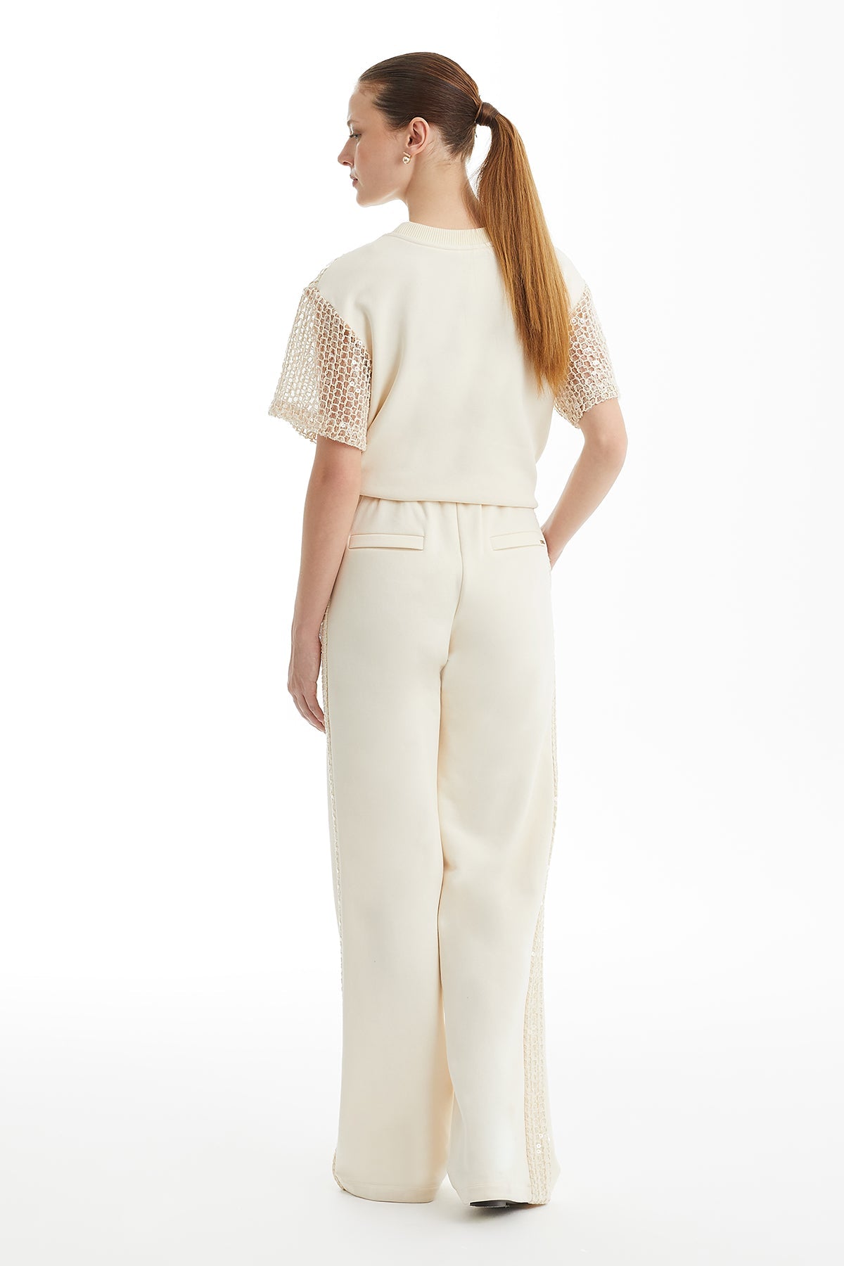 Ecru Sequin-Detail Track Pants