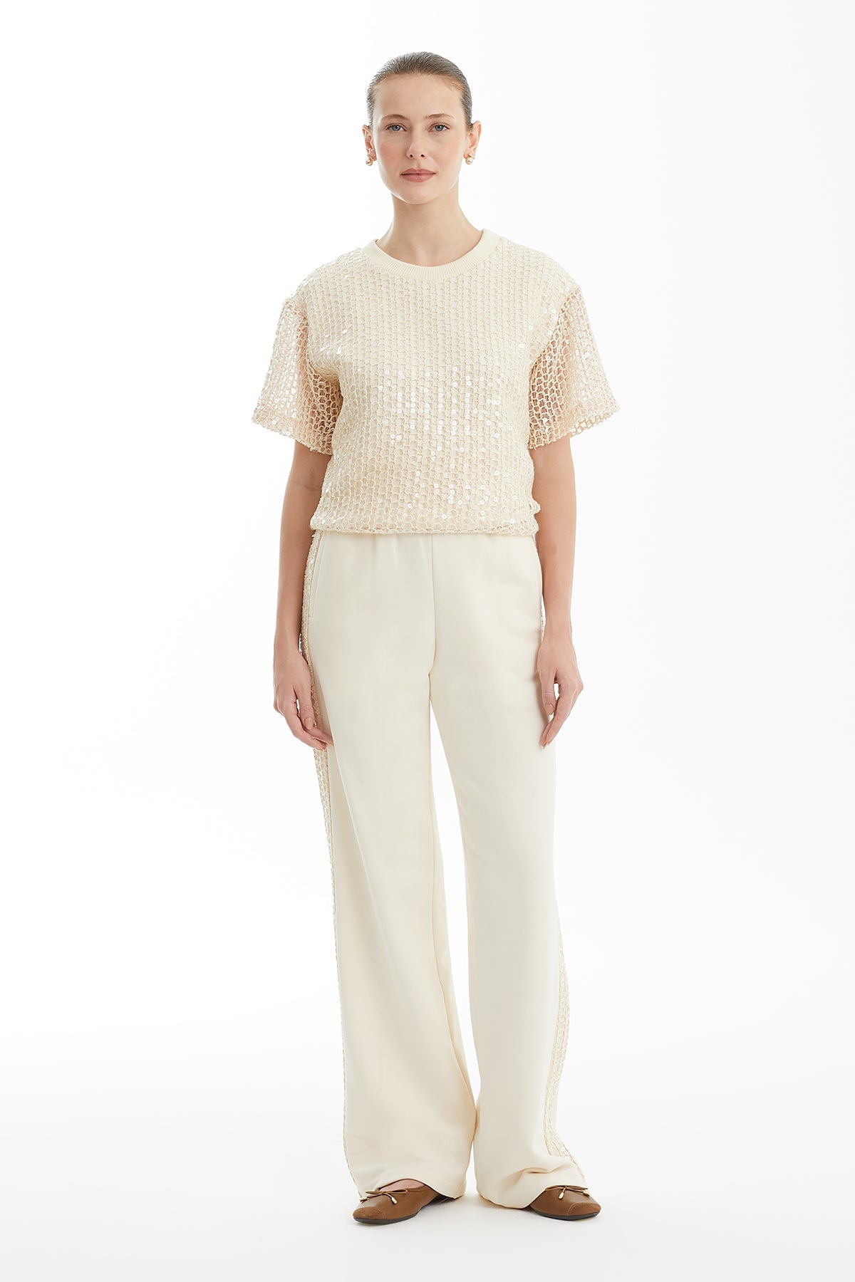 Ecru Sequin-Detail Track Pants