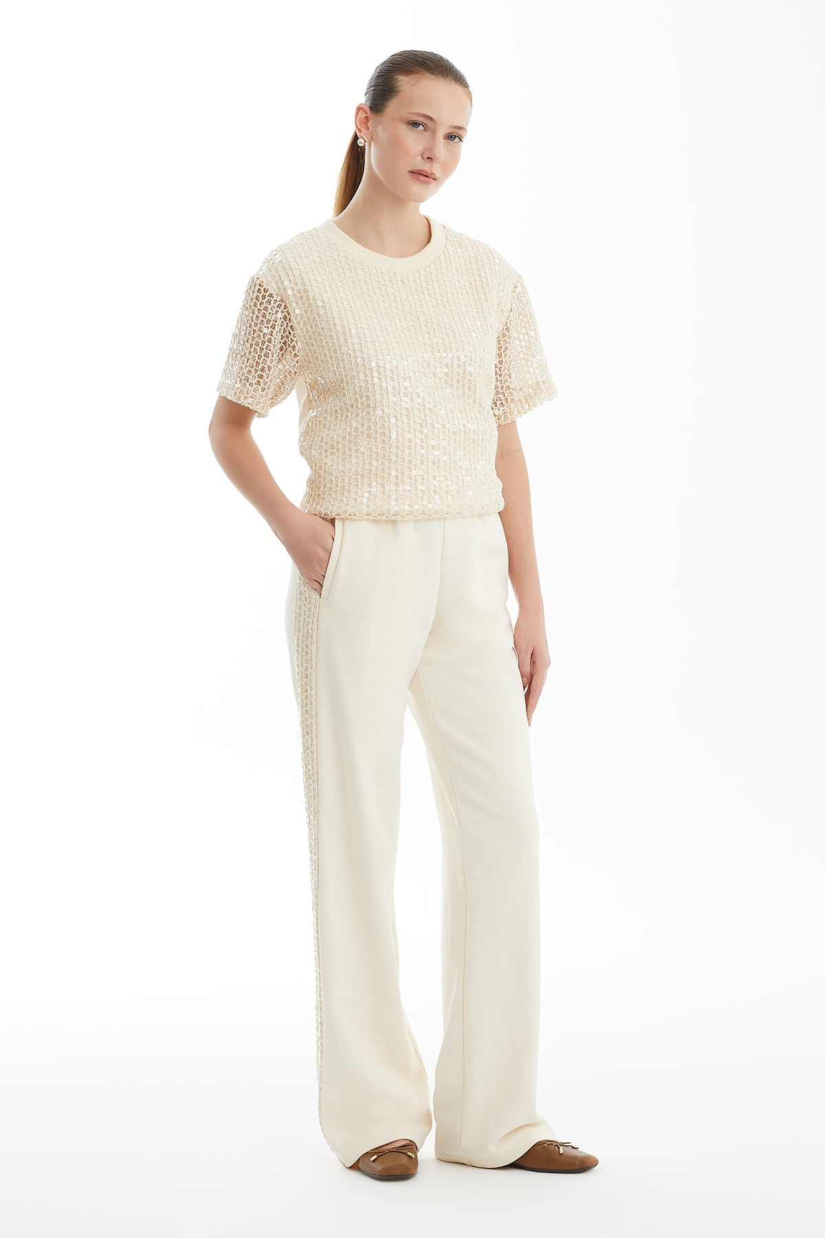 Ecru Sequin-Detail Track Pants