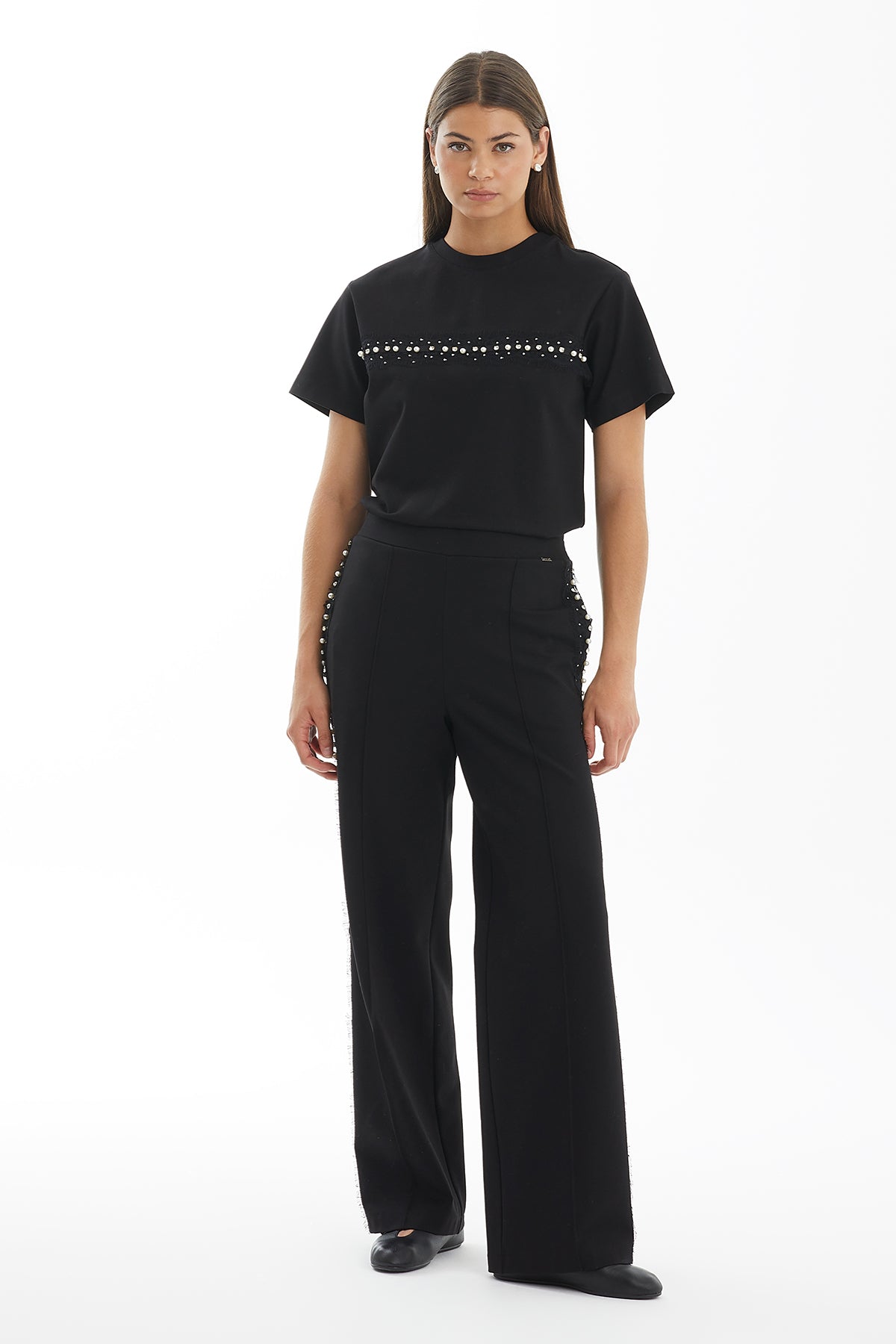 Black Crystal & Pearl-Embellished Pants