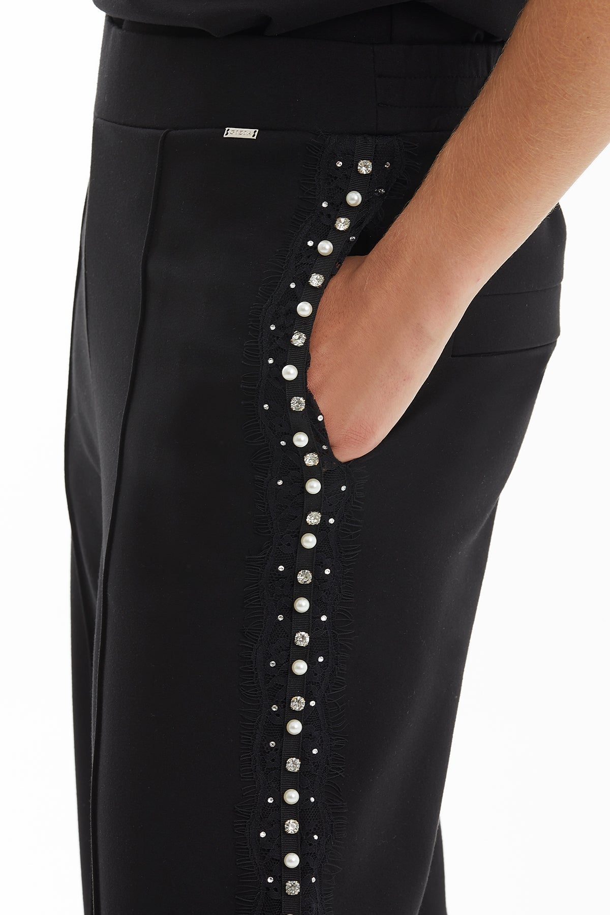 Black Crystal & Pearl-Embellished Pants