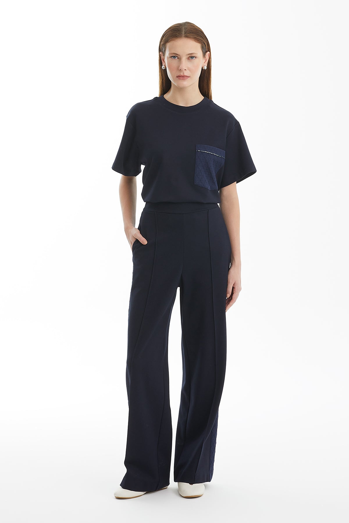 Dark Navy Geometric Side-Stripe Track Pants