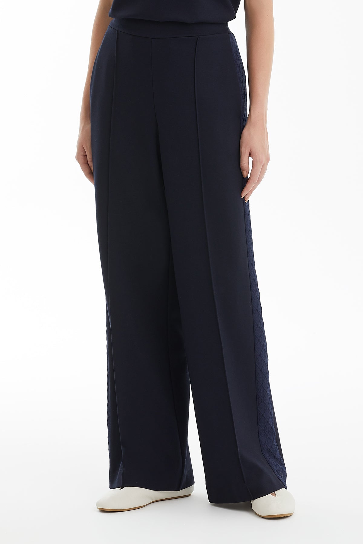 Dark Navy Geometric Side-Stripe Track Pants