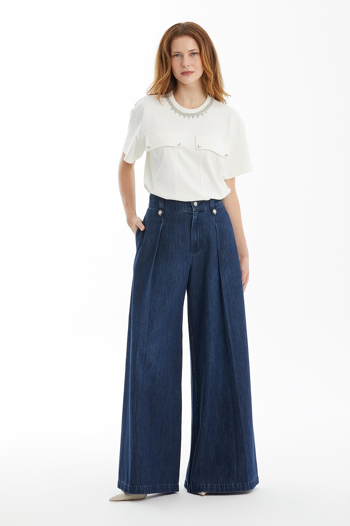 Blue Wide-Leg Denim Pants