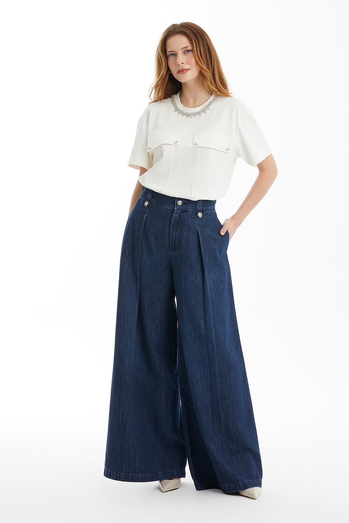 Blue Wide-Leg Denim Pants