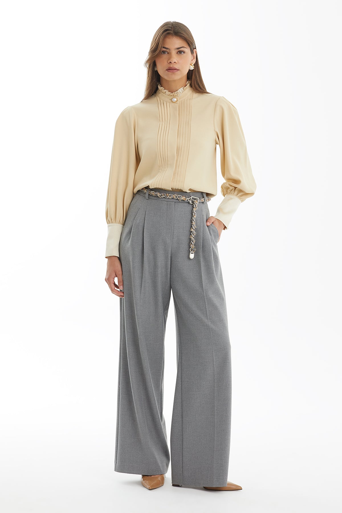Grey Pleated Relaxed-Fit Pants