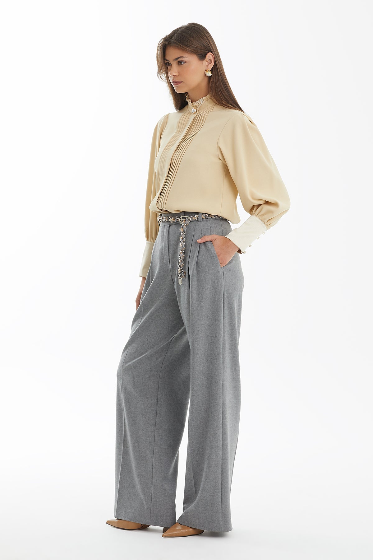 Grey Pleated Relaxed-Fit Pants