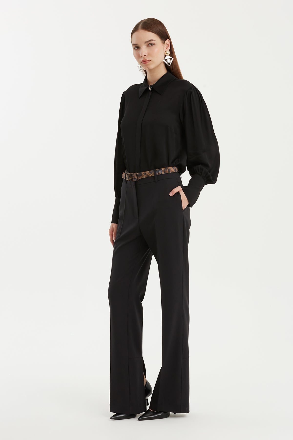 Black Leopard-Belt Wool Slit Pants