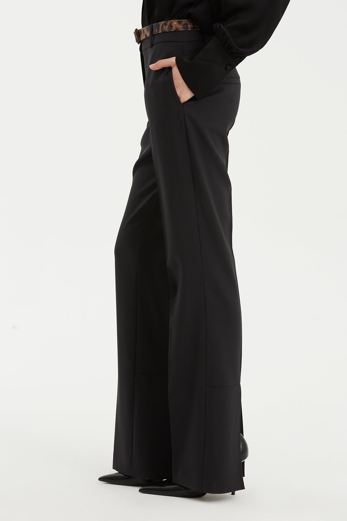 Black Leopard-Belt Wool Slit Pants