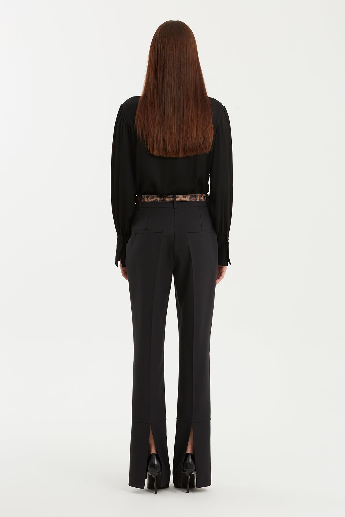 Black Leopard-Belt Wool Slit Pants