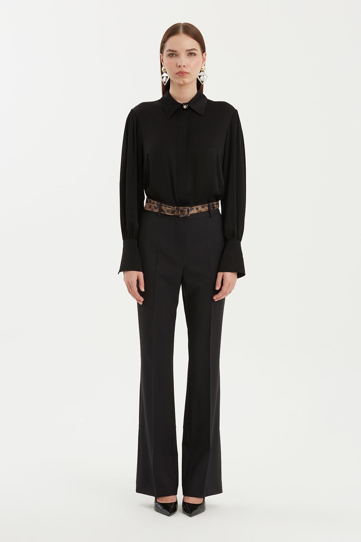 Black Leopard-Belt Wool Slit Pants