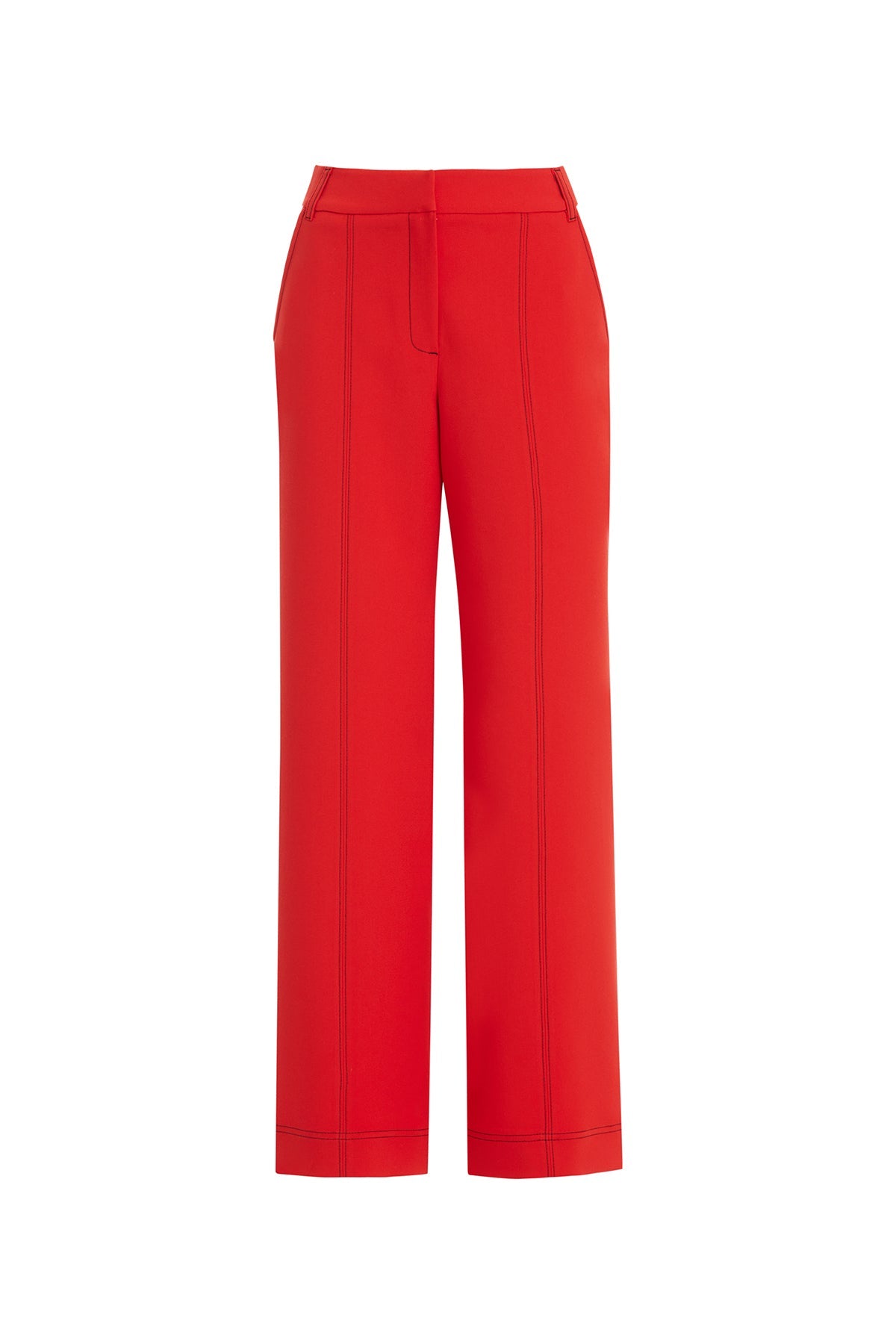 Red Contrast Topstitched Wide-Leg Pants