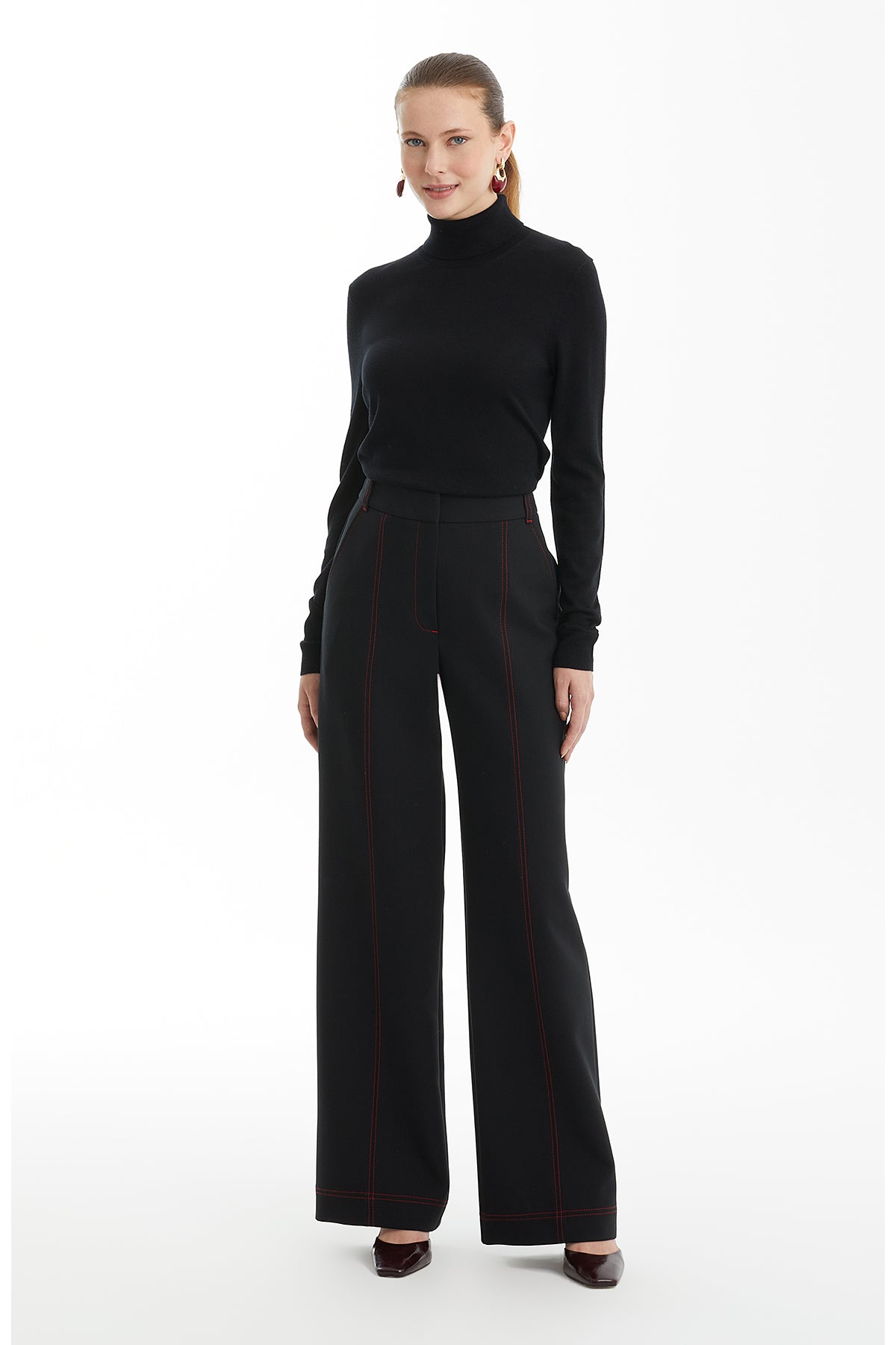 Black Contrast Topstitched Wide-Leg Pants