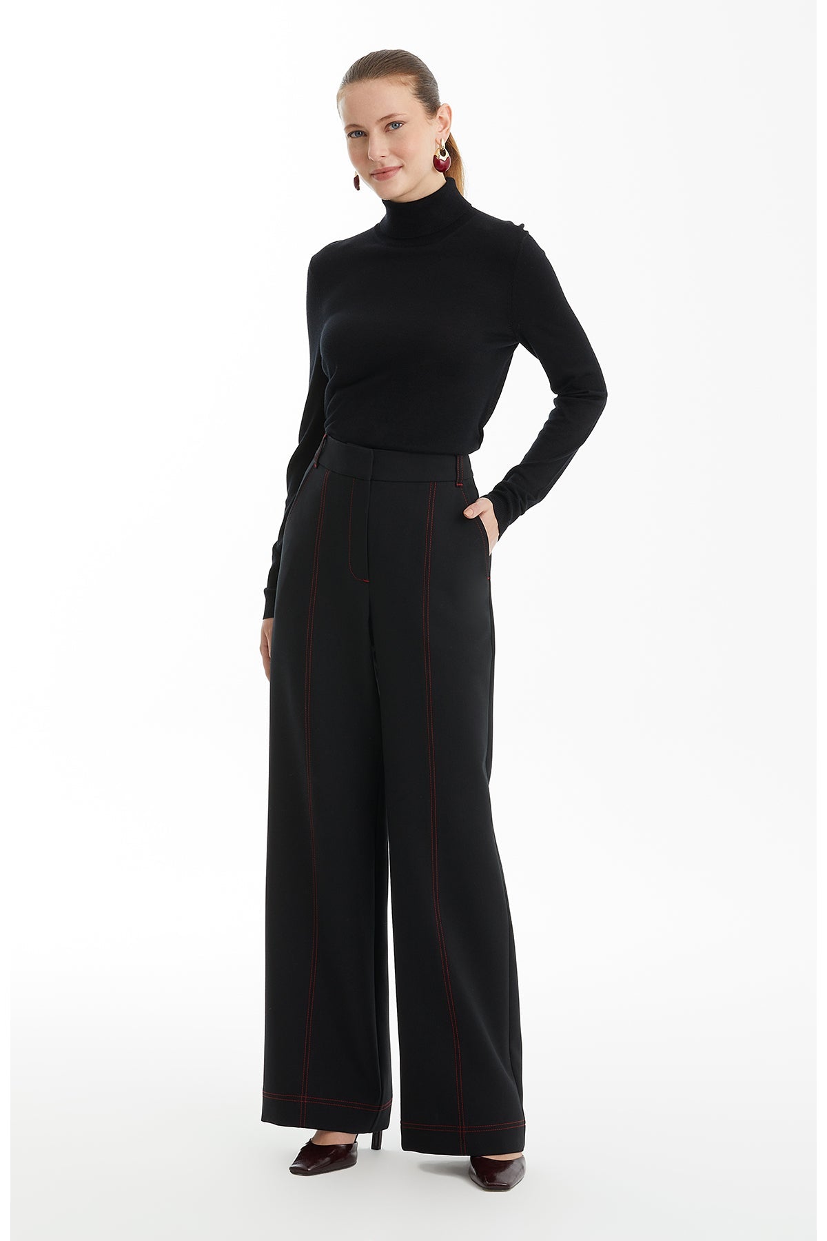Black Contrast Topstitched Wide-Leg Pants