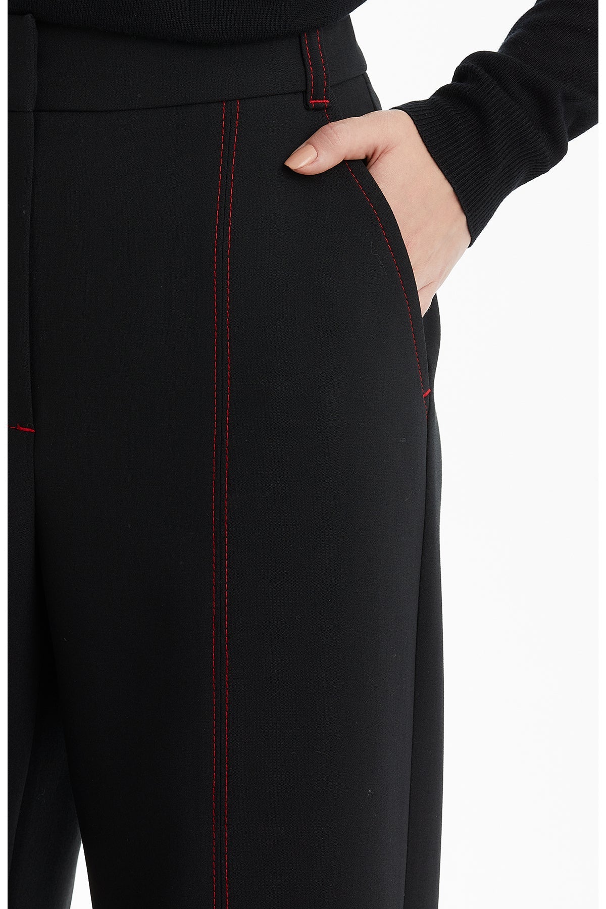 Black Contrast Topstitched Wide-Leg Pants