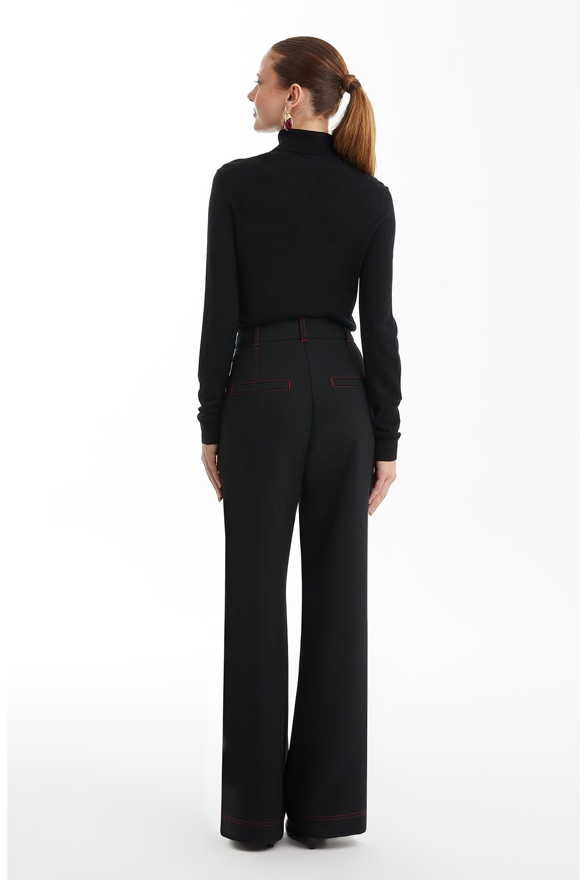 Black Contrast Topstitched Wide-Leg Pants
