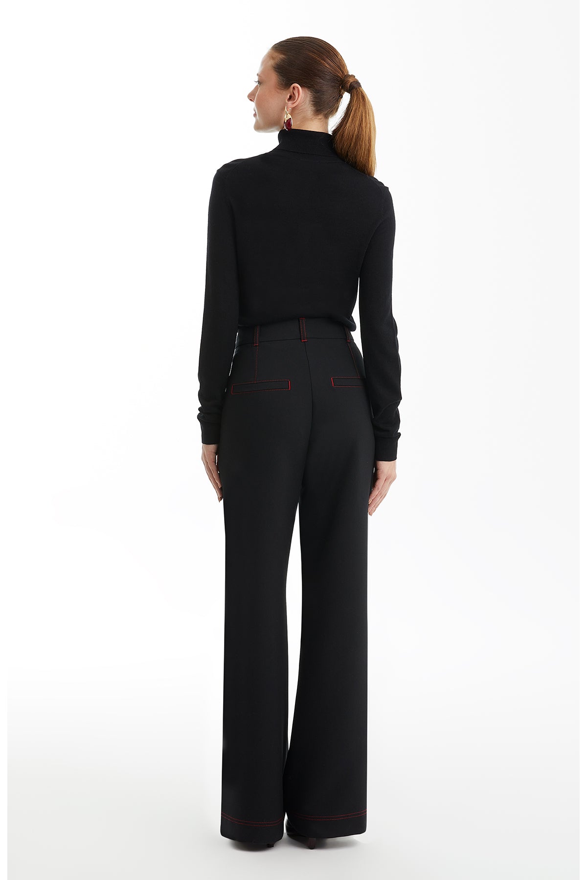 Black Contrast Topstitched Wide-Leg Pants