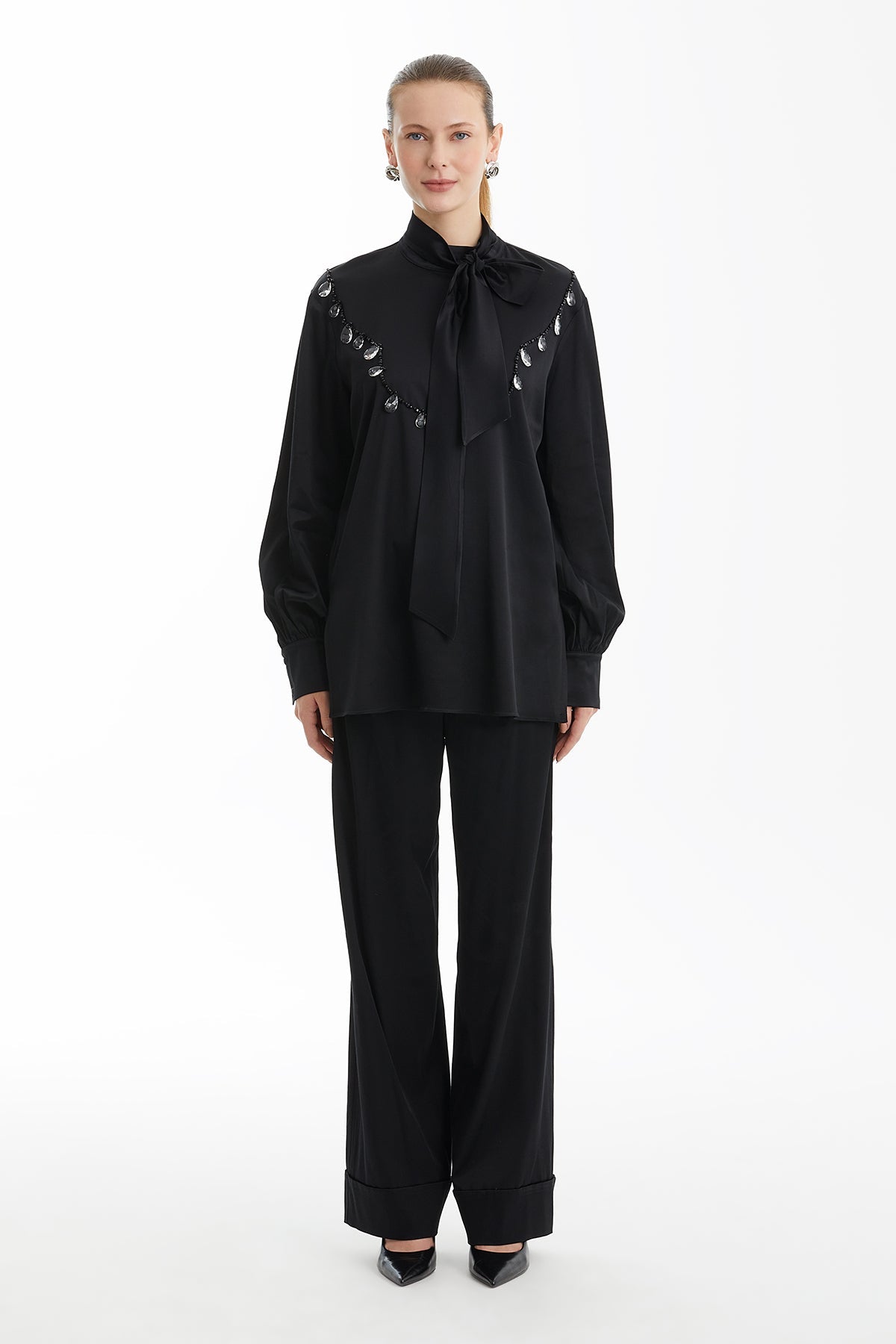 Black Shawl-Collar Embroidered Blouse