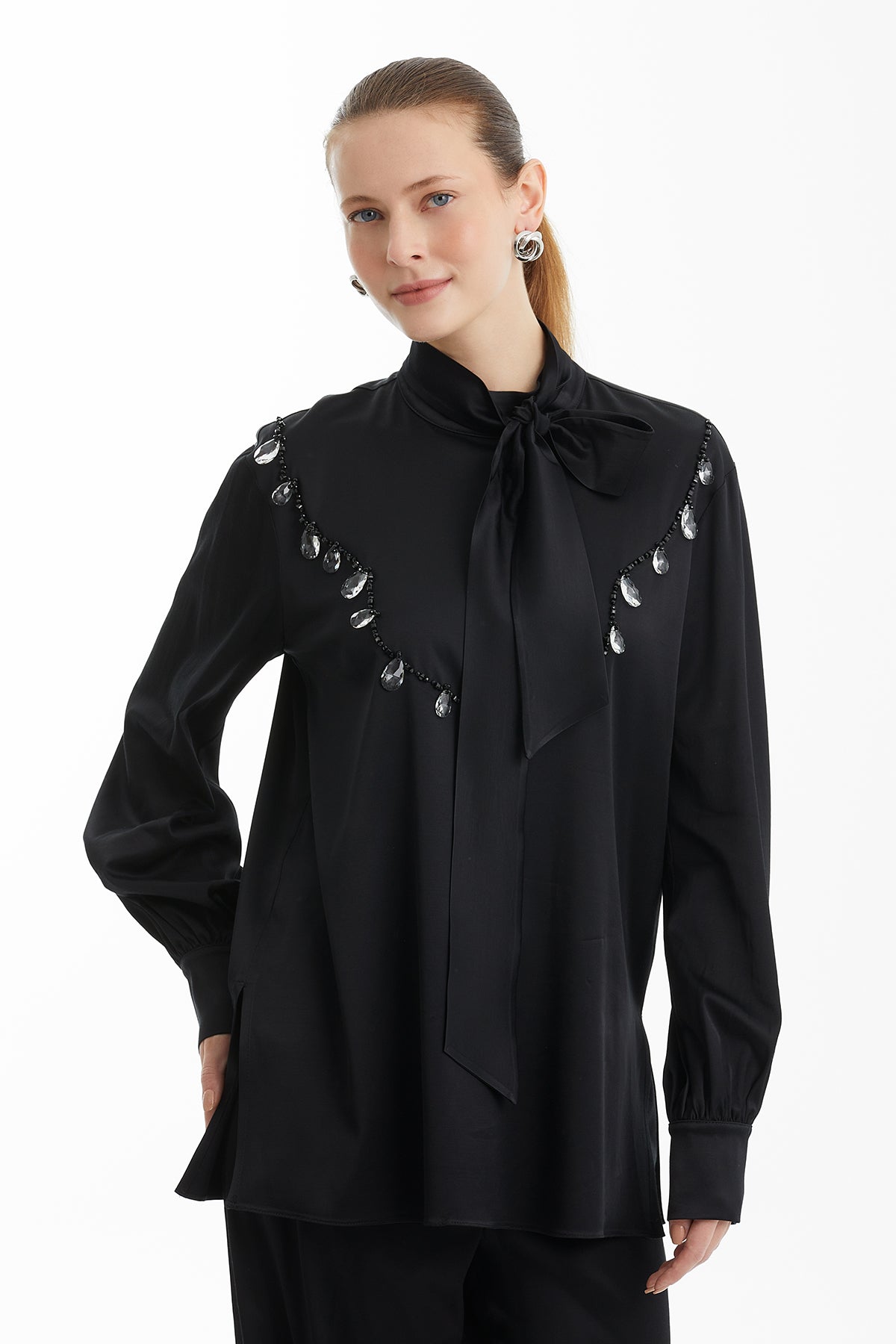 Black Shawl-Collar Embroidered Blouse