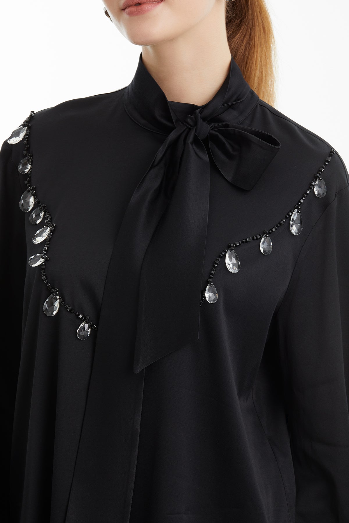Black Shawl-Collar Embroidered Blouse