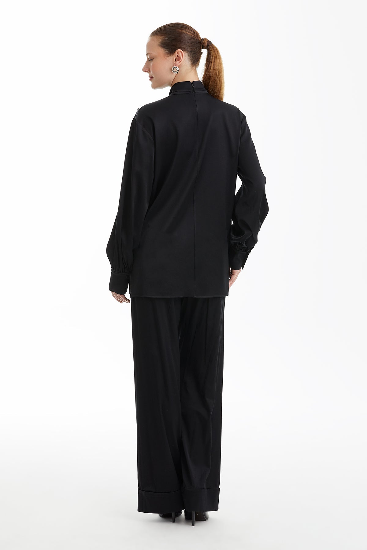 Black Shawl-Collar Embroidered Blouse