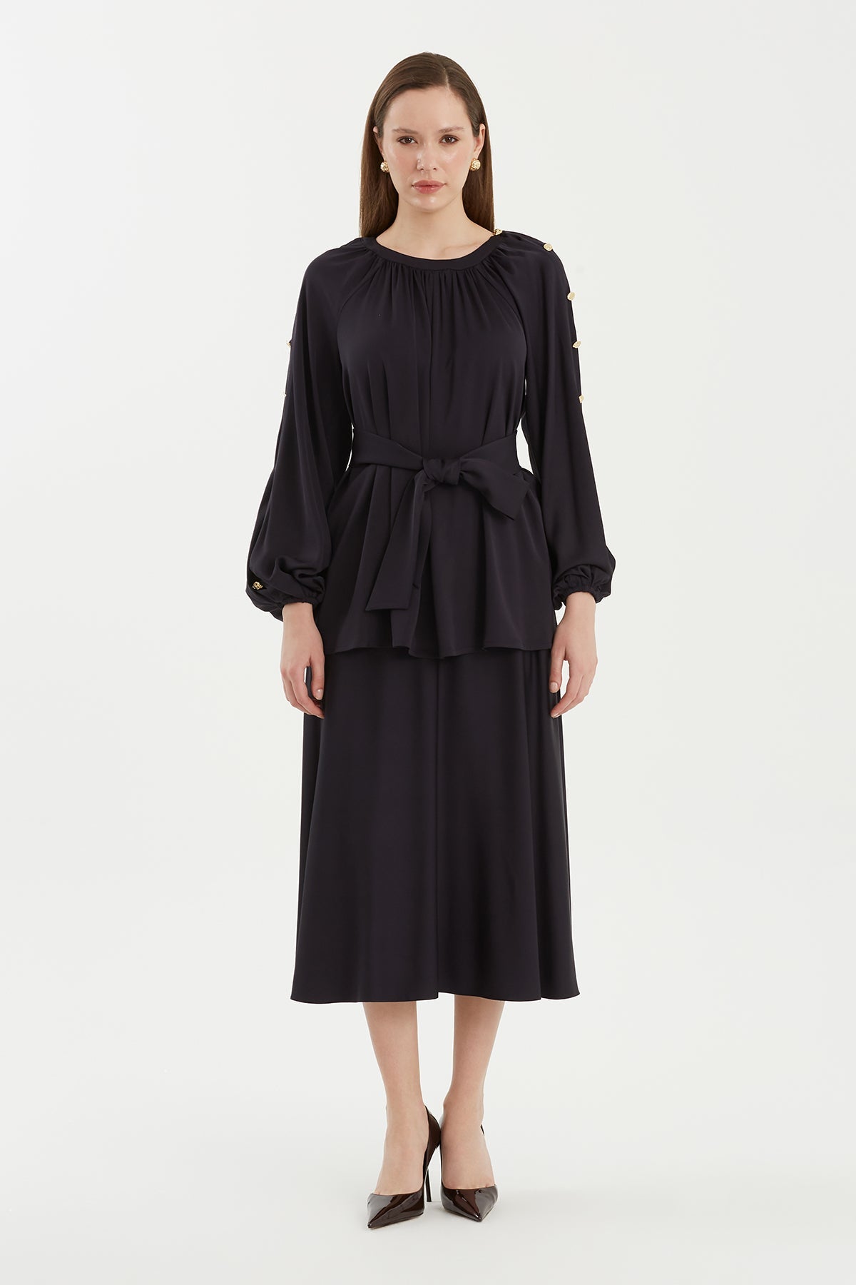 Dark Navy Ruched Button-Cuff Blouse