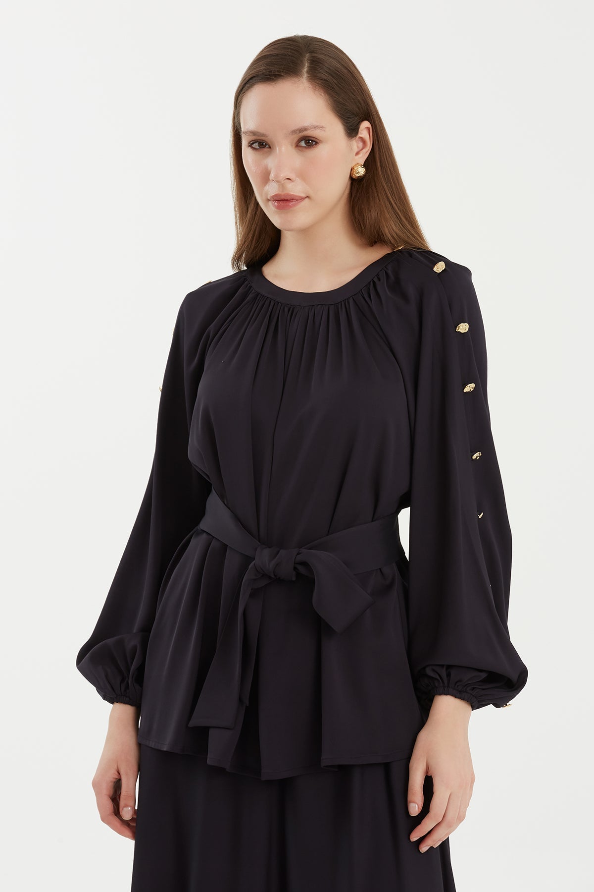 Dark Navy Ruched Button-Cuff Blouse