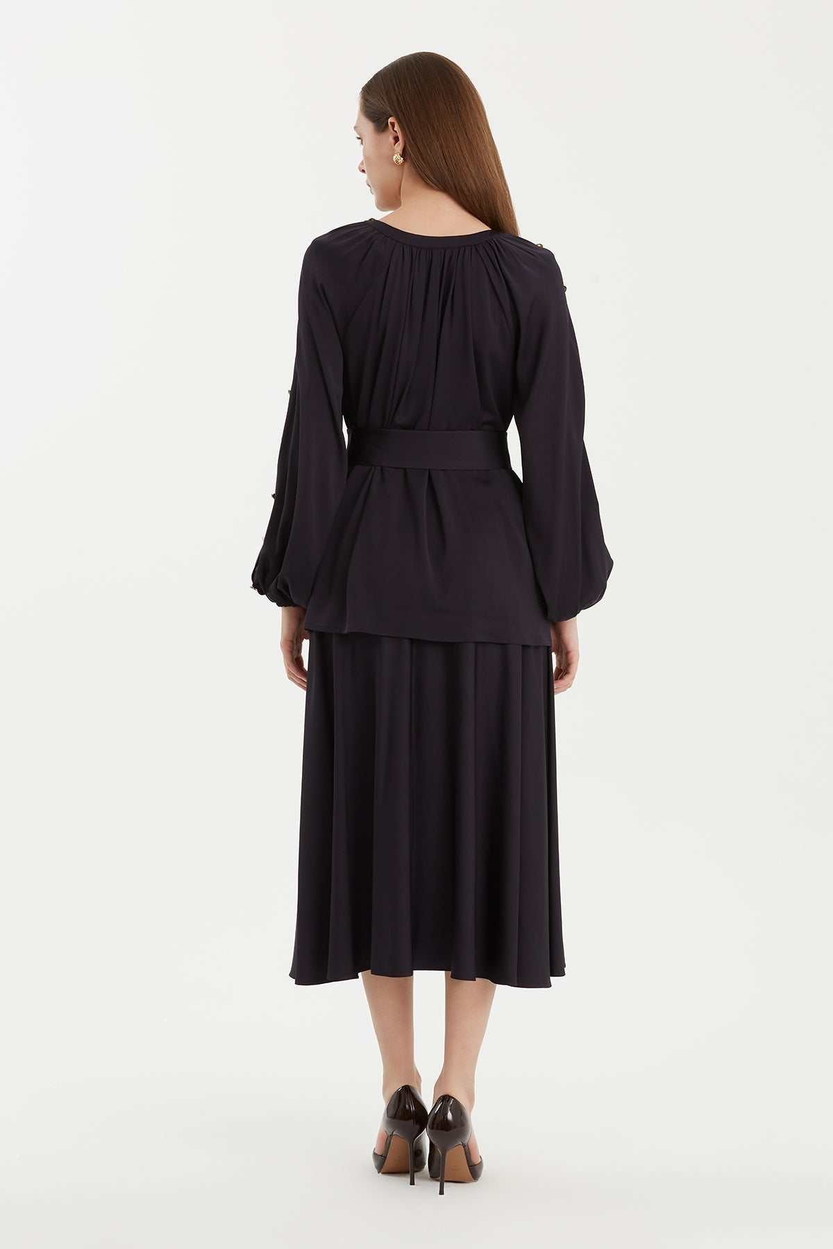 Dark Navy Ruched Button-Cuff Blouse