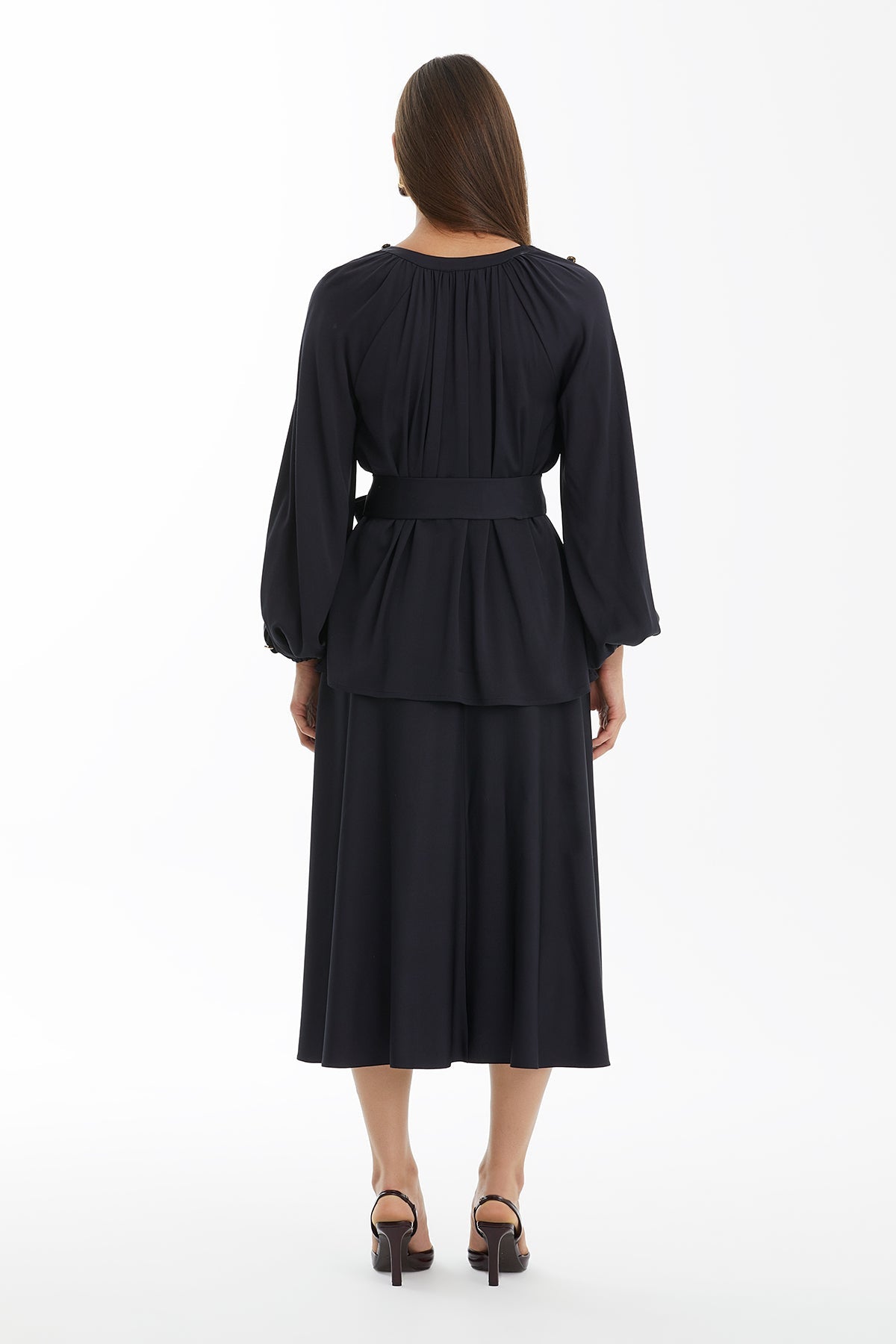 Dark Navy Ruched Button-Cuff Blouse