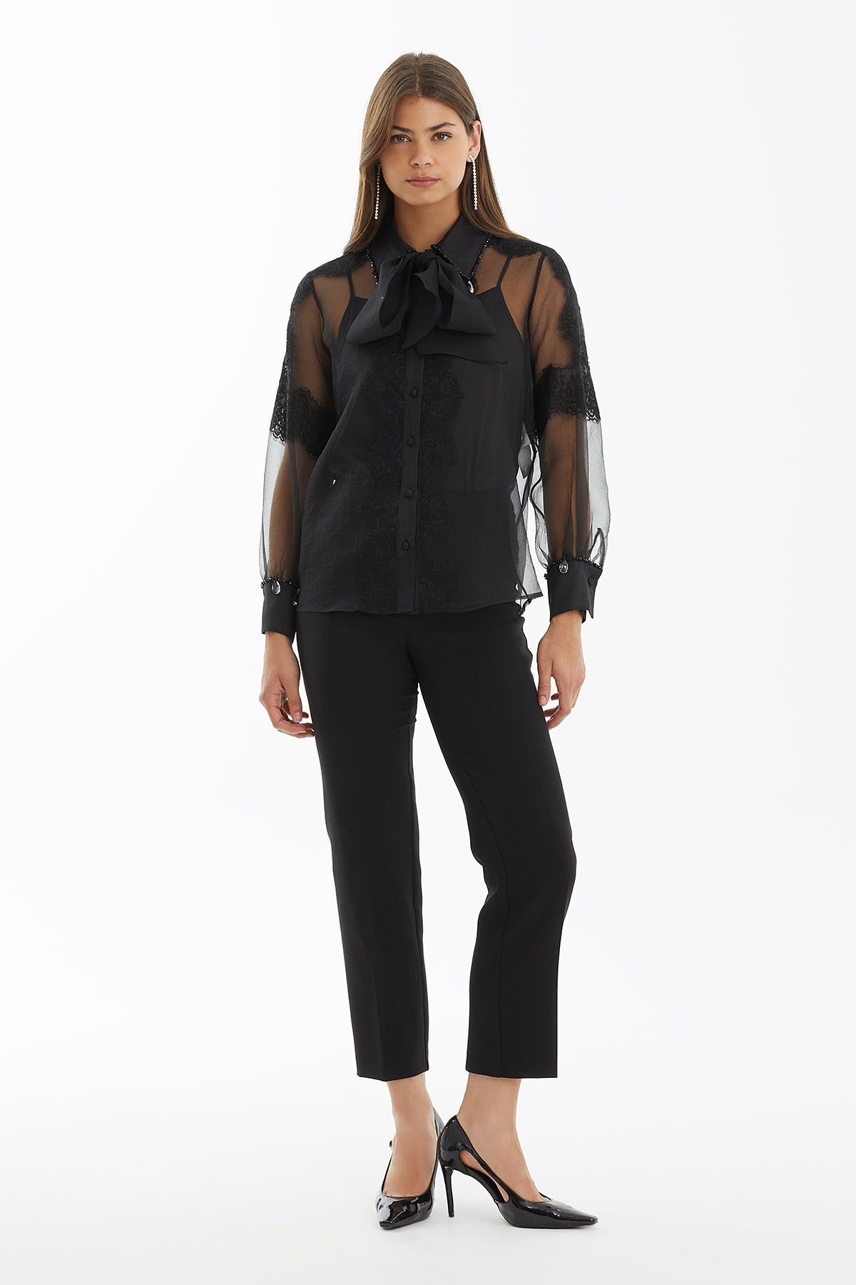 Black Lace-Detail Sheer Shirt
