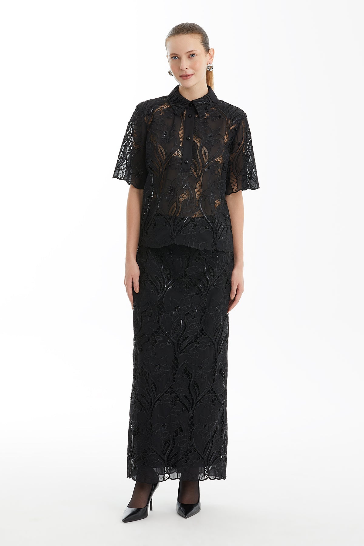 Black Short-Sleeve Sheer Patterned Blouse