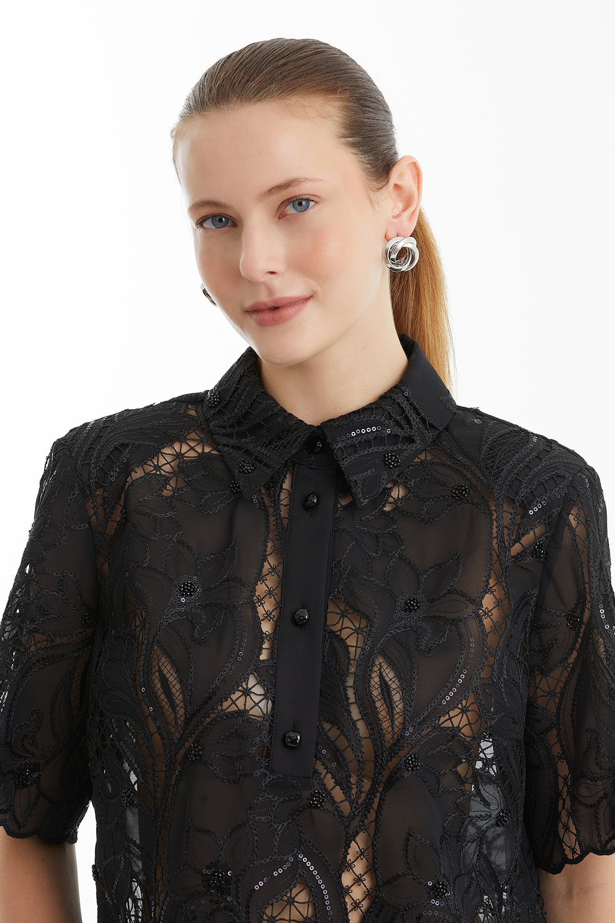 Black Short-Sleeve Sheer Patterned Blouse