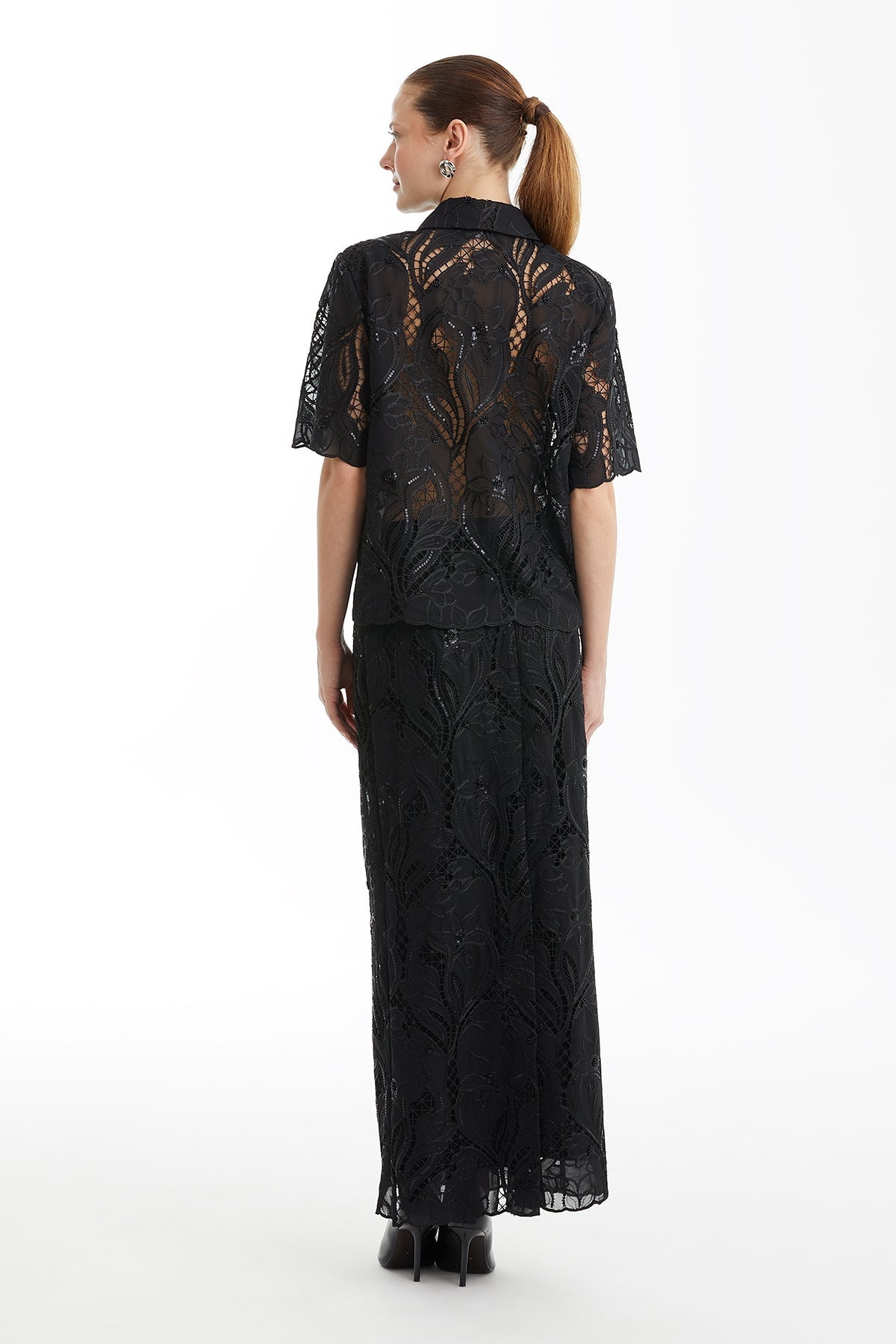 Black Short-Sleeve Sheer Patterned Blouse