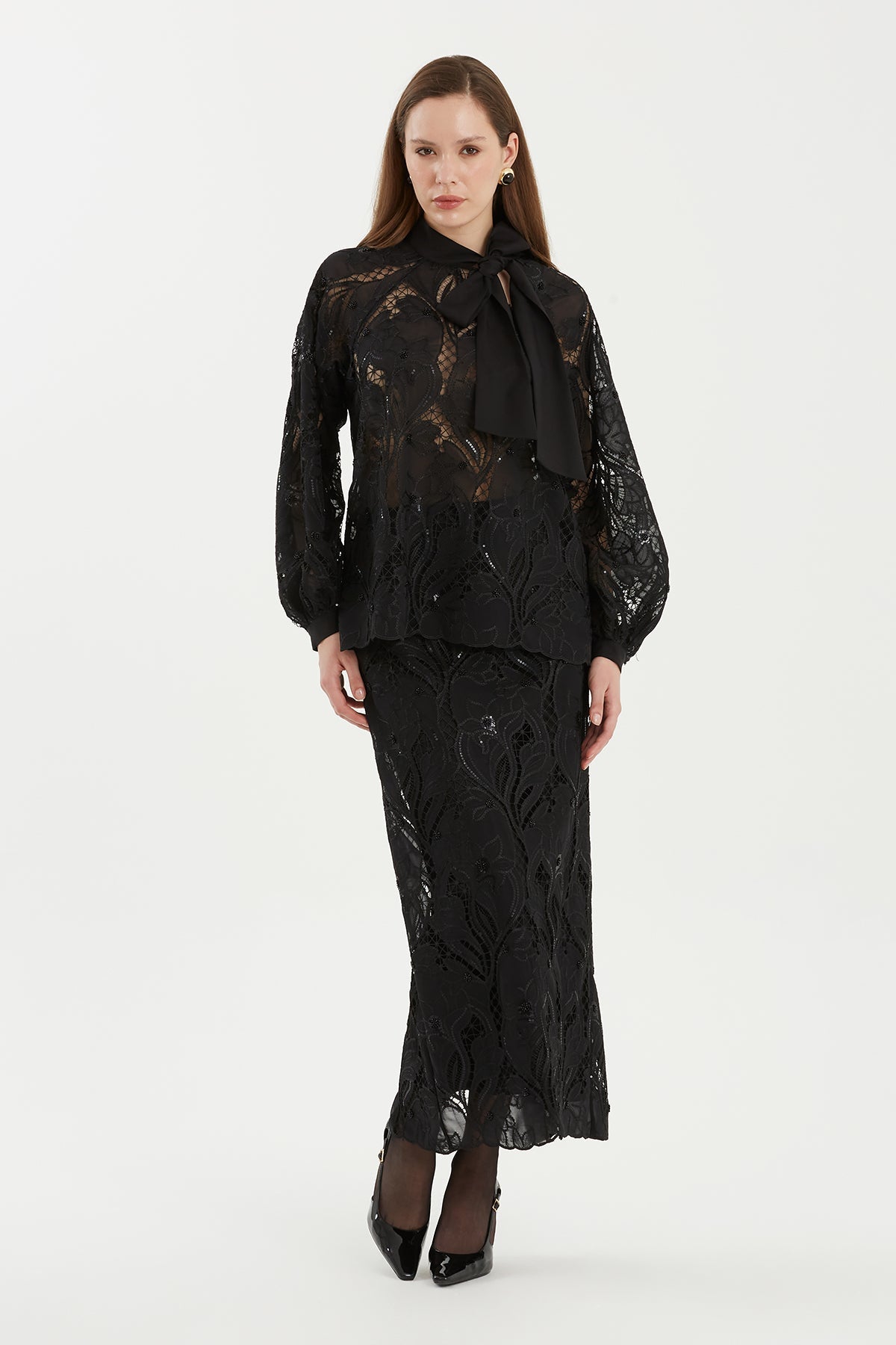 Black Balloon-Sleeve Sheer Patterned Blouse