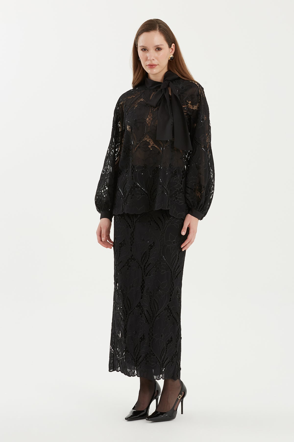 Black Balloon-Sleeve Sheer Patterned Blouse