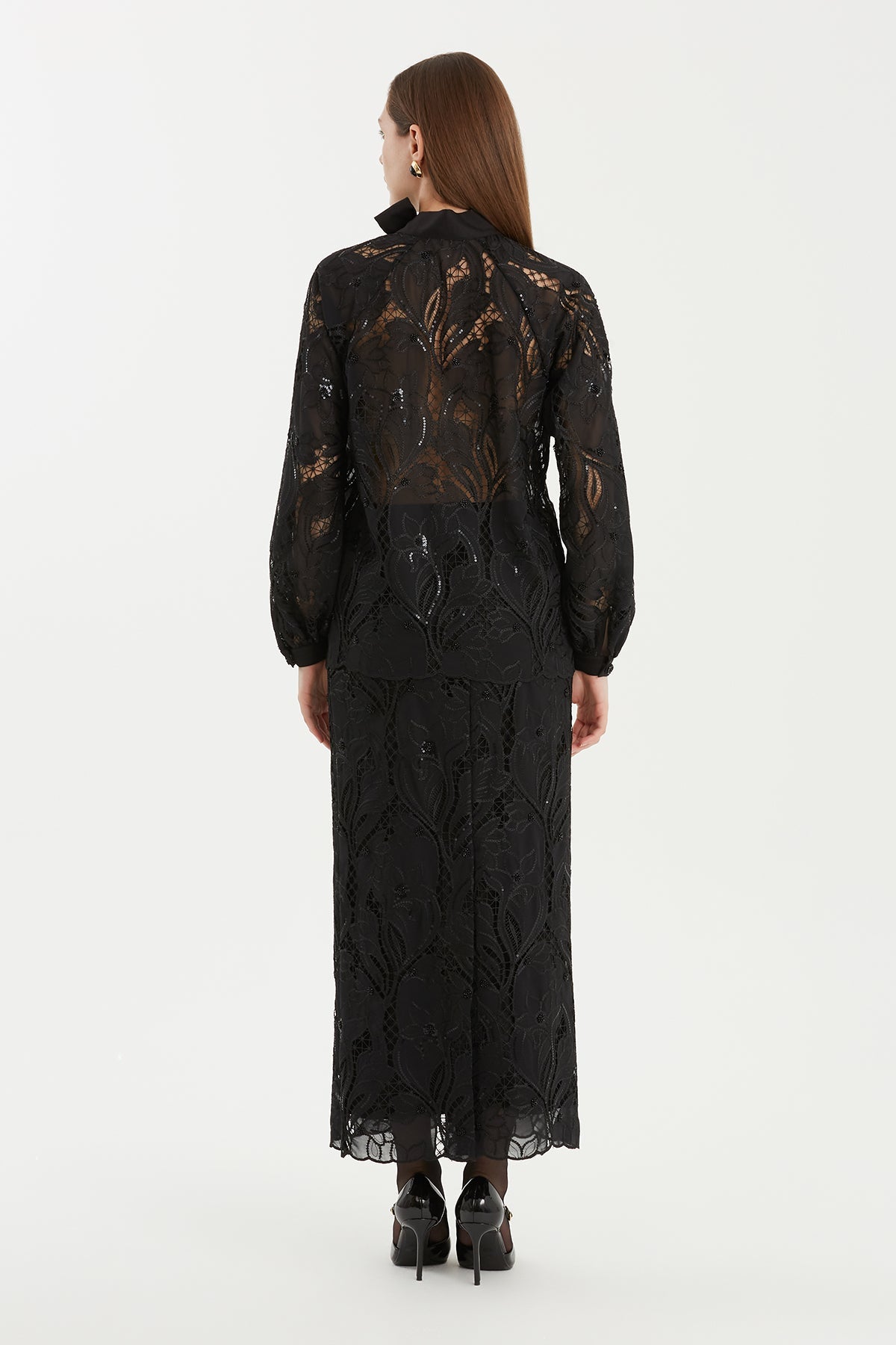 Black Balloon-Sleeve Sheer Patterned Blouse