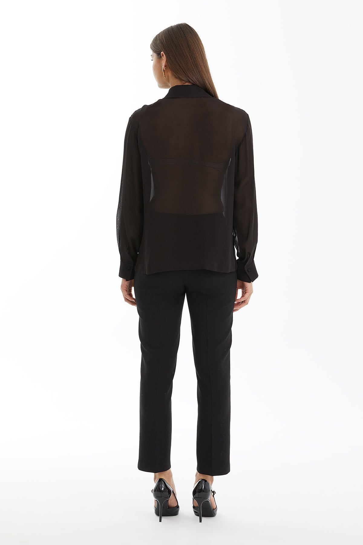 Brown Sheer Embroidered-Collar Shirt